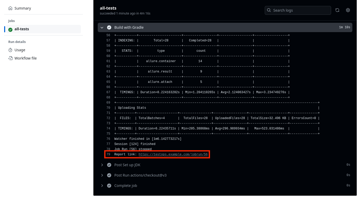 Ссылка на запуск ТестОпс находится в логах запуска workflow.