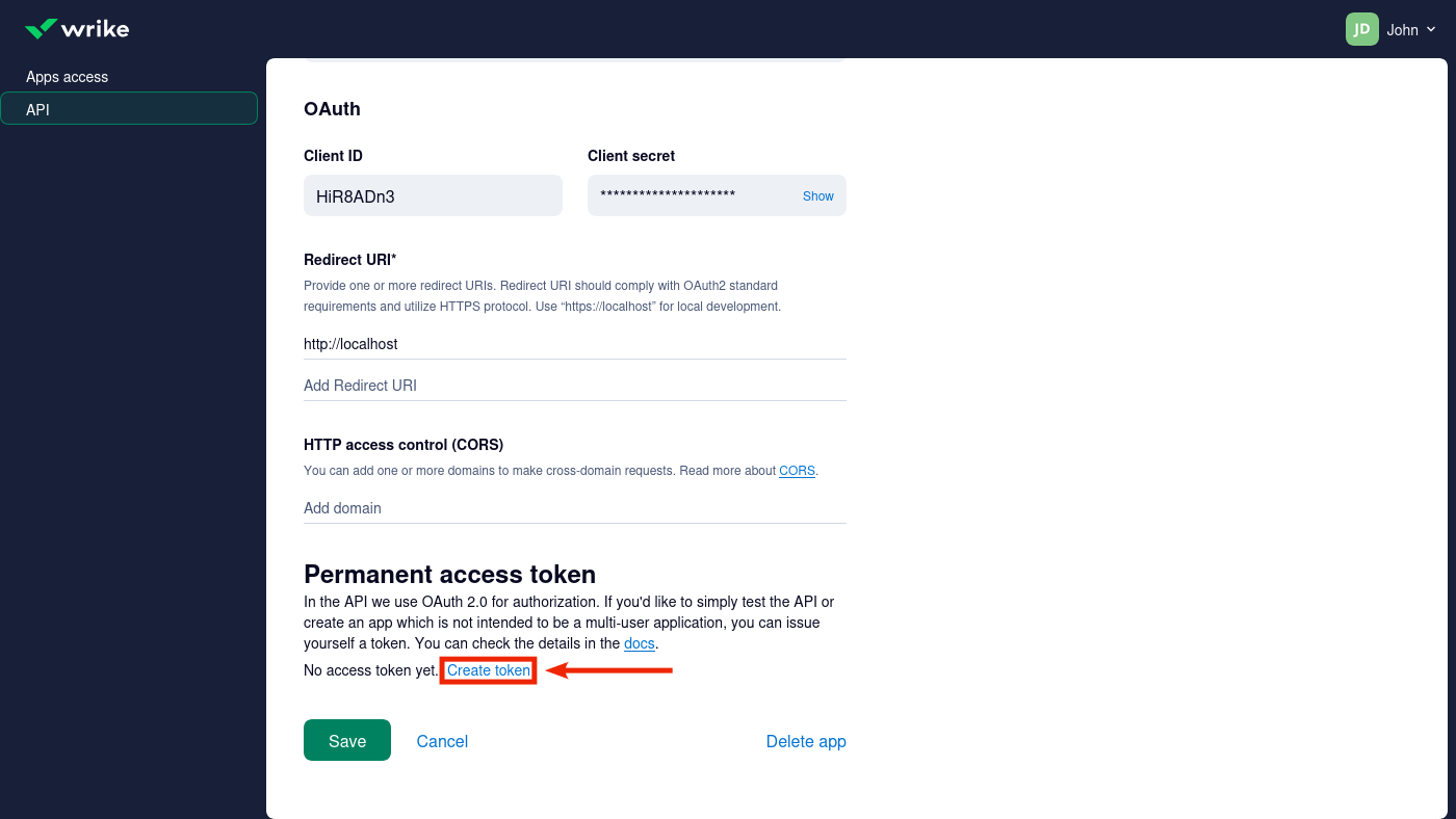 Ссылка "Create token" находится в секции "Permanent access token".